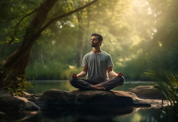Un homme pratiquant la pleine conscience et la méditation dans un environnement naturel paisible