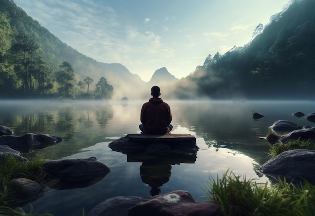 Un homme pratiquant la pleine conscience et la méditation dans un environnement naturel paisible