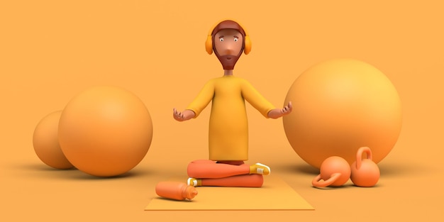 Homme pratiquant le yoga avec un casque et un tapis Espace de copie Illustration 3D Dessin animé