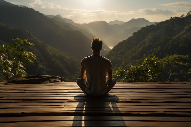 Un homme pratique le yoga sur une terrasse en bois.