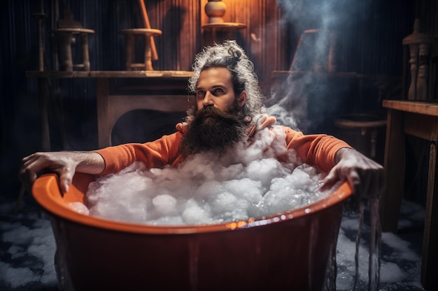 Un homme prenant un bain de glace dans un spa profitant d'une thérapie à l'eau froide AI générative