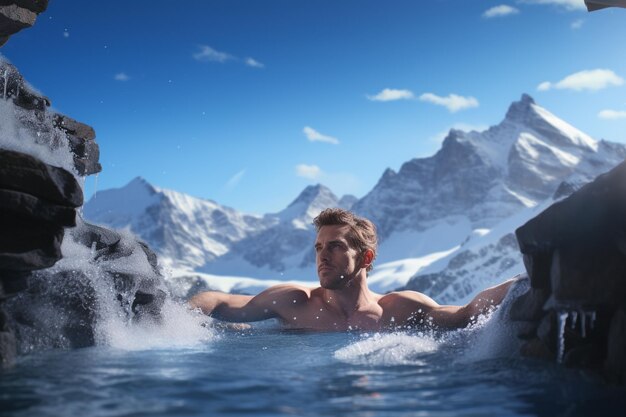 Photo homme prenant un bain de glace dans un spa thérapie à l'eau froide avec des glaçons flottants