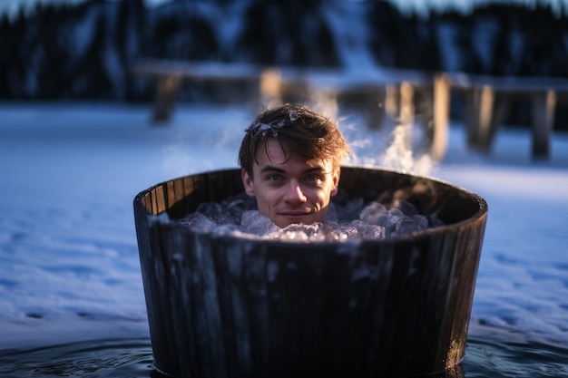 Photo homme prenant un bain de glace dans un spa thérapie à l'eau froide avec des glaçons flottants