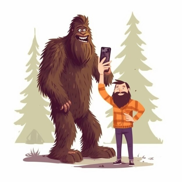 Un homme prenant une photo d'un bigfoot debout à côté d'un homme générative ai