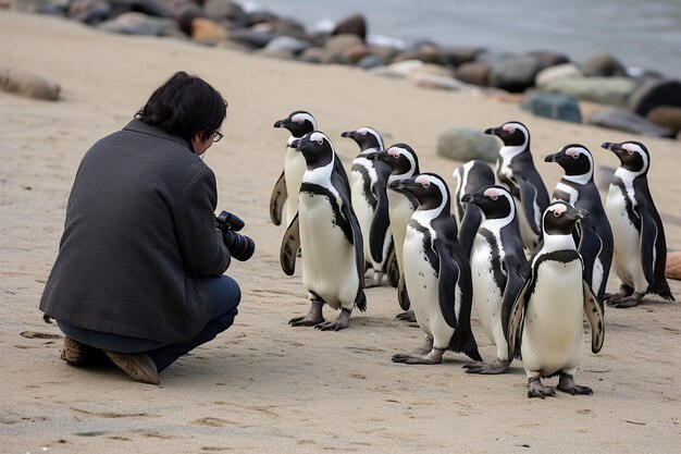 un homme prenant une photo de pingouins avec un appareil photo