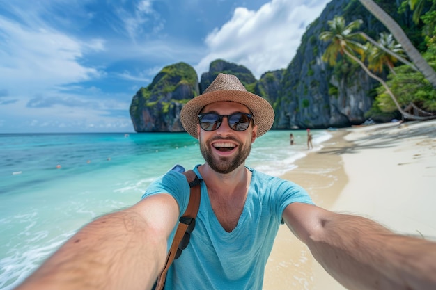 Un homme prenant un selfie avec un smartphone sur une plage tropicale en vacances