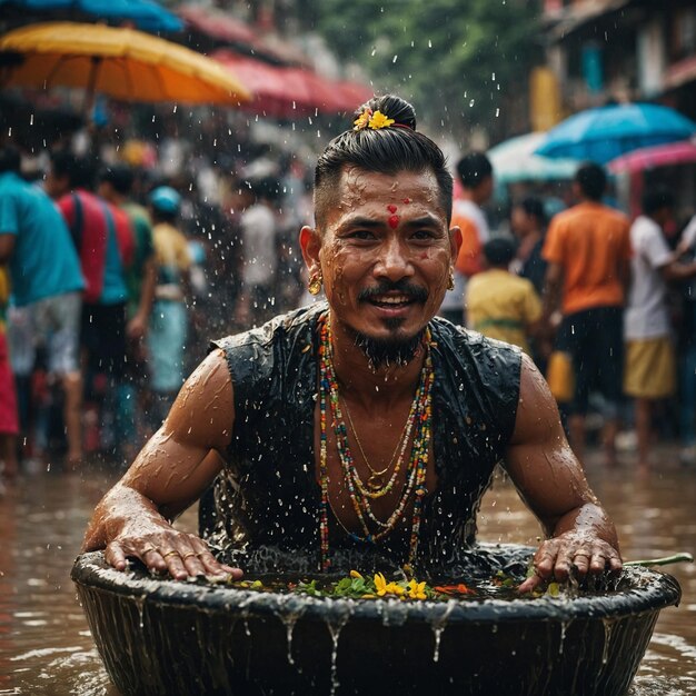 un homme prend un bain sous la pluie