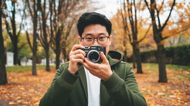 Photo un homme prend une photo avec une caméra générée par ai