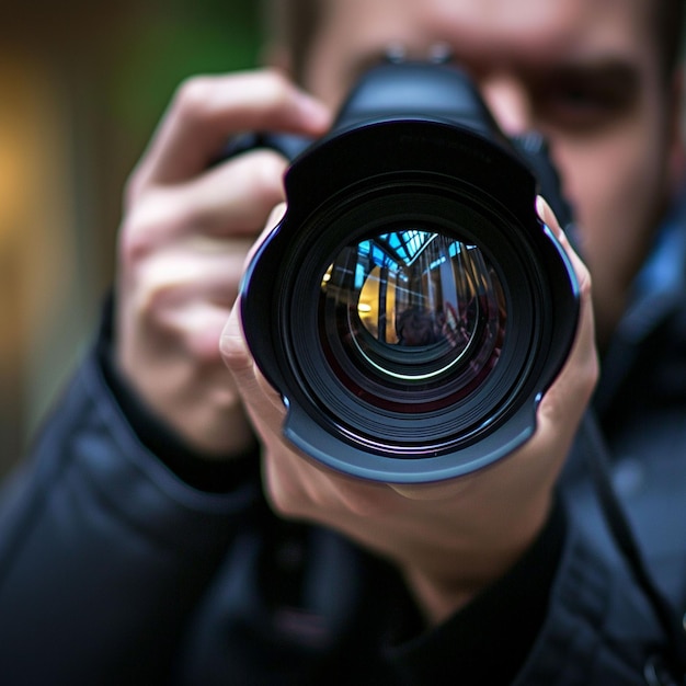 un homme prend une photo avec un objectif d'appareil photo