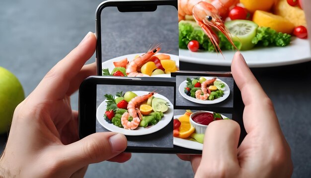 un homme prend des photos de nourriture sur son téléphone Shrimp collation fruits viande légumes