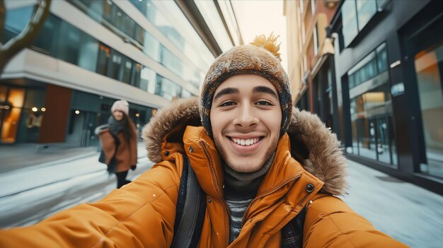 Un homme prend un selfie dans la neige.