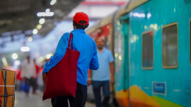 Photo un homme prend le train pour son village