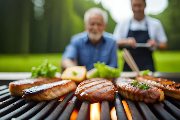 Photo un homme prépare de la nourriture sur un grill avec un homme en arrière-plan.