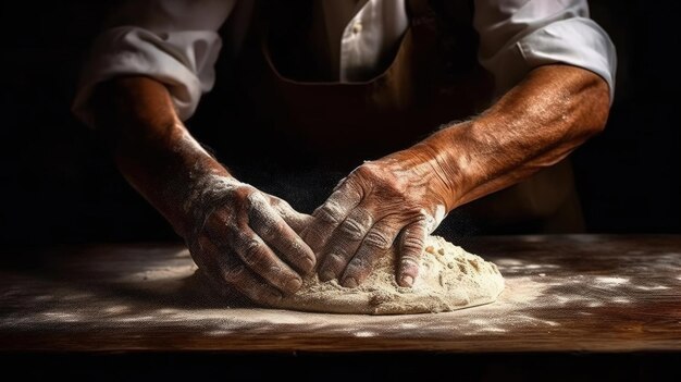 Un homme prépare de la pâte à pain sur une table en bois dans une boulangerie de près un vieil homme pétrit de la pâtisserie faisant du pain en utilisant une recette traditionnelle isolée sur un fond noir IA générative