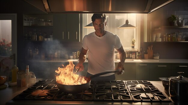 Photo l'homme prépare le petit-déjeuner dans une cuisine moderne prenez le petit-déjeuner le matin, copiez l'espace pour le texte