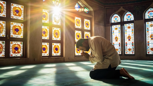 Un homme priant dans une mosquée avec le soleil qui brille à travers la fenêtre