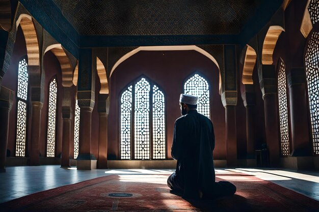 Un homme priant à l'intérieur d'une mosquée magnifiquement structurée