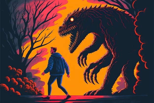 Homme pris en charge par un monstre illustration de style d'art numérique peinture concept fantastique d'un homme près du monstre