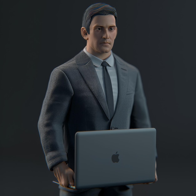 Un homme professionnel en costume et cravate tenant un ordinateur portable