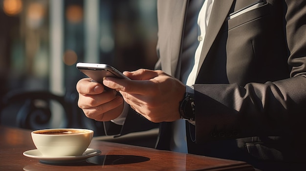 Un homme professionnel en costume engagé avec son smartphone dans l'ambiance de l'heure d'or.