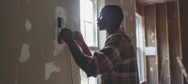 Homme professionnel installant un interrupteur d'éclairage lors d'une rénovation post-maison