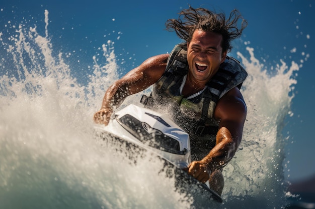 Photo un homme professionnel de ski nautique navigant habilement à travers les vagues sur fond d'océan les éclaboussures d'eau et la détermination sur son visage ajoutant à l'excitation