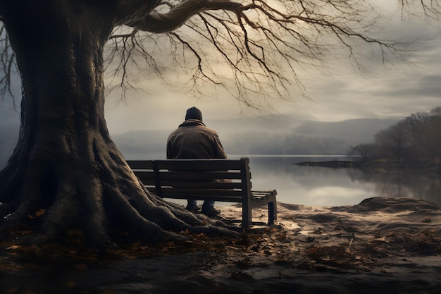 Un homme profitant du calme de la nature sur un banc à côté d'un arbre majestueux