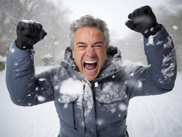 L'homme profite de la journée enneigée d'hiver dans une pose ludique