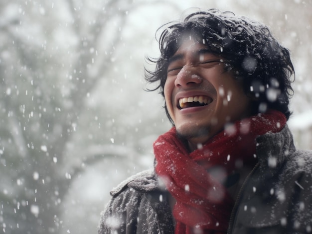 L'homme profite de la journée enneigée d'hiver dans une pose ludique