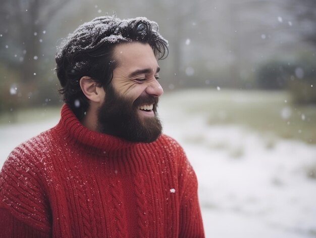 L'homme profite de la journée enneigée d'hiver dans une pose ludique