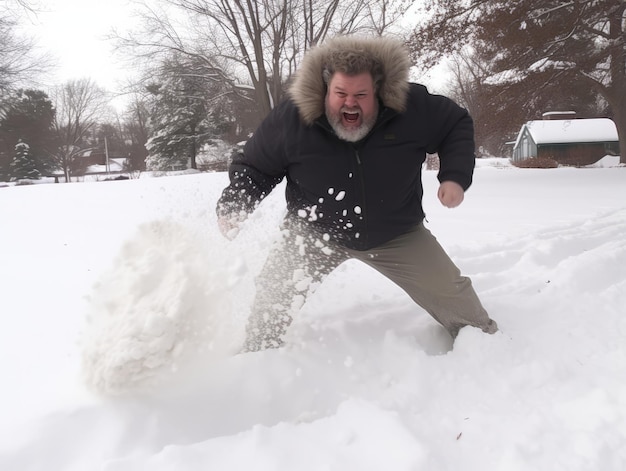 L'homme profite de la journée enneigée d'hiver dans une pose ludique