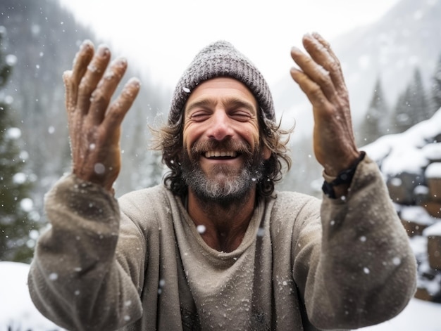 L'homme profite de la journée enneigée d'hiver dans une pose ludique