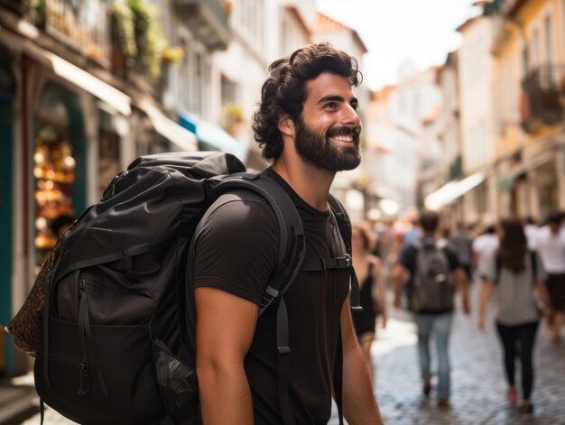 Photo l’homme profite d’une promenade tranquille dans les rues animées de la ville