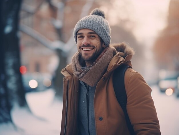 l'homme profite d'une promenade tranquille un jour d'hiver