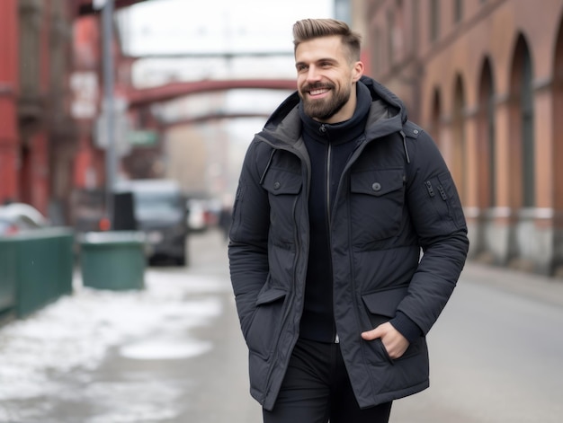 l'homme profite d'une promenade tranquille un jour d'hiver