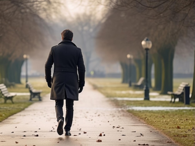 l'homme profite d'une promenade tranquille un jour d'hiver