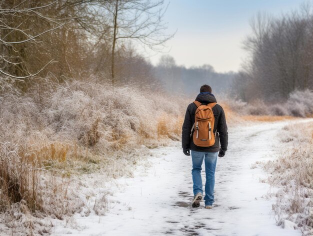 l'homme profite d'une promenade tranquille un jour d'hiver