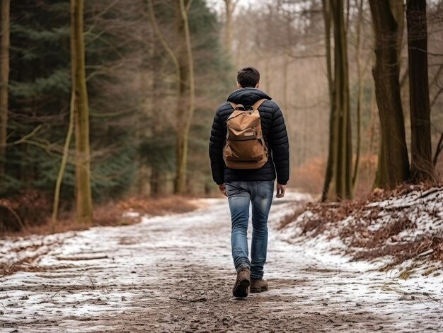 l'homme profite d'une promenade tranquille un jour d'hiver