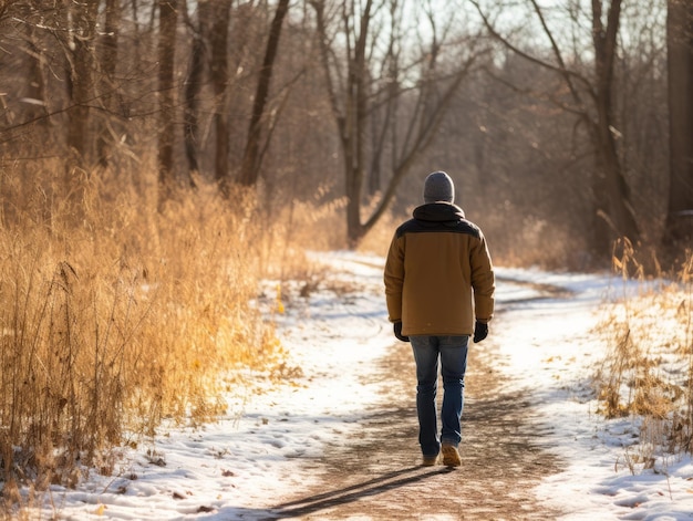 l'homme profite d'une promenade tranquille un jour d'hiver