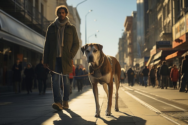 Un homme promenant un chien dans une rue de la ville