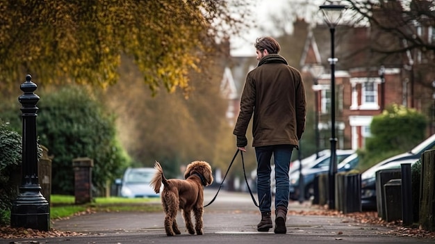 Photo un homme promène un chien à hampstead à londres.