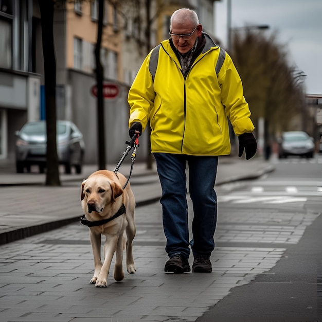 Un homme promène un chien en laisse dans une rue.