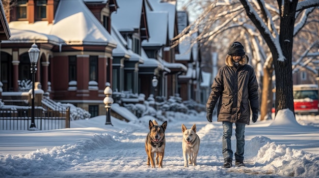 Un homme promène des chiens dans la neige.