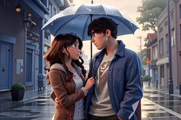 un homme protégeant sa petite amie de la pluie en utilisant un parapluie