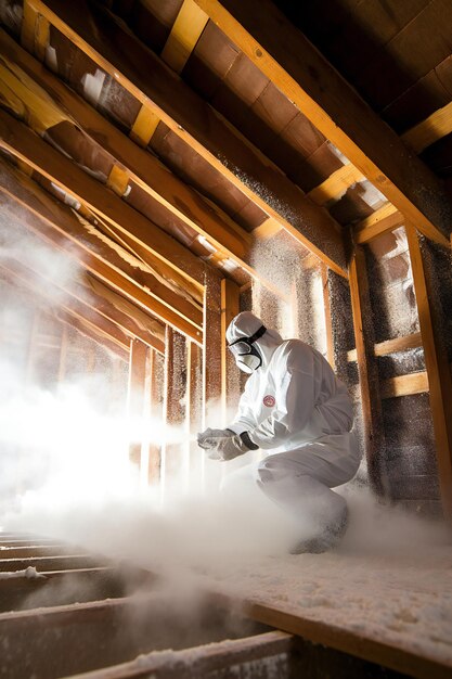 Photo un homme pulvérise de l'isolant en mousse pour isoler le grenier.