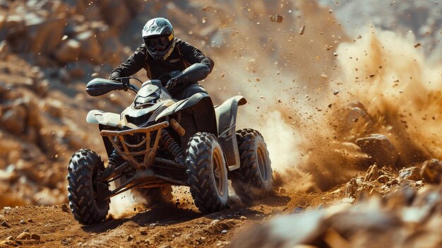 Un homme sur un quad sur une route de terre