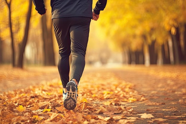 Homme qui court dans le parc d'automne Generative AI