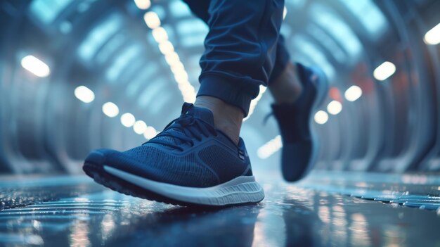 Un homme qui court en gros plan avec des jambes masculines en baskets dans un tunnel urbain.