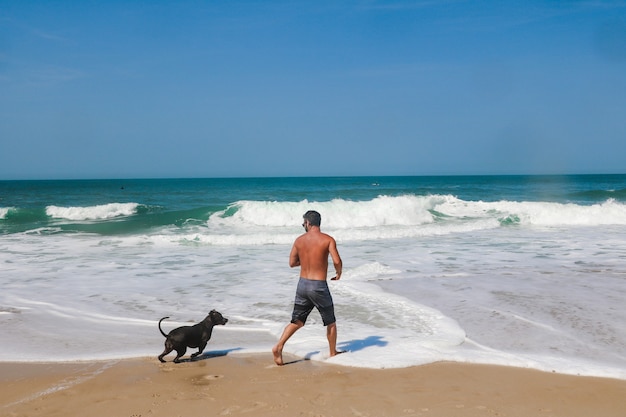 Homme qui court et joue sur la plage avec son chien pit-bull. Journée ensoleillée, avec ciel bleu et mer cristalline.