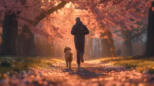 Un homme qui court joyeusement dans le parc avec son chien par une belle journée de printemps